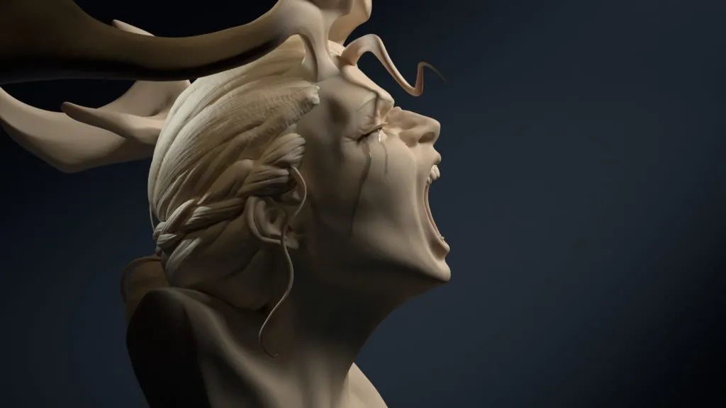 Dailloux Thibaut 2 Buste 3D d’une femme criant, coiffée de tresses, larme sur la joue — sculpture numérique par Dailloux Thibaut.