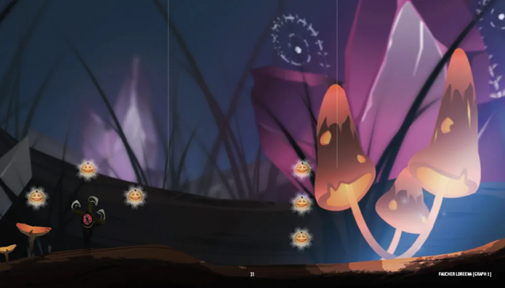 Loreena Faucher Décor 2D stylisé de sous-bois fantaisie : grands champignons lumineux orangés, fleurs géantes violettes en arrière-plan, petites lucioles/collectibles suspendues — concept d’environnement par Faucher Loreena (Kitsu)