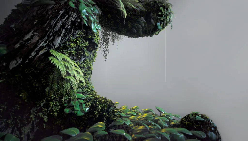 Jonathan Perche 2 Gros plan de végétation 3D : mousses, fougères et écorces humides sur tronc — matériaux par Perche Jonathan.