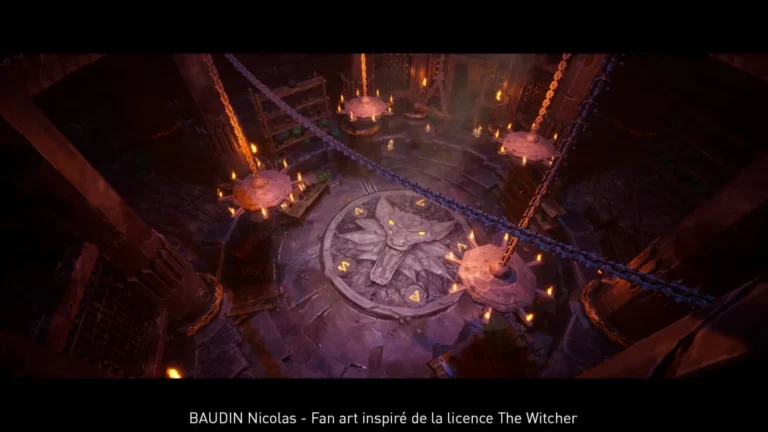 Salle souterraine inspirée de The Witcher, vue du dessus : médaillon de loup gravé au sol, grandes chaînes, chandeliers suspendus et bougies allumées — fan art par Baudin Nicolas.