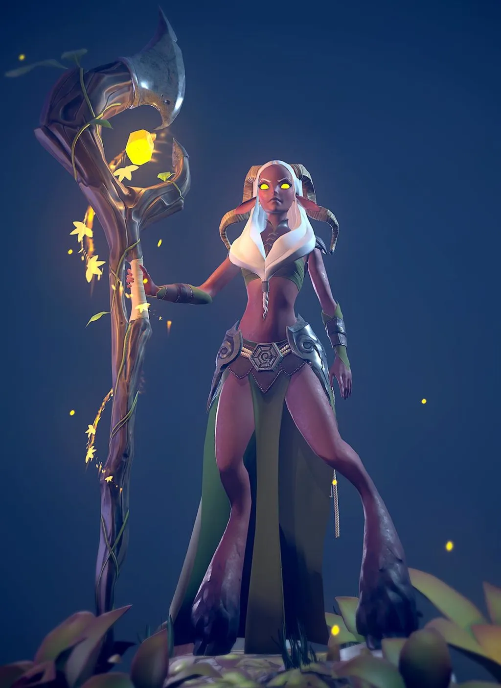 Marie Smrcka Personnage 3D stylisé de sorcière forestière aux yeux jaunes lumineux, cornes recourbées, longues jambes caprines et grand bâton végétal à cristal — rendu par Marie Smrcka.