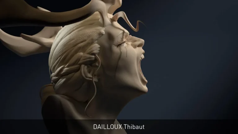 Buste 3D d’une femme criant, coiffée de tresses, larme sur la joue — sculpture numérique par Dailloux Thibaut.