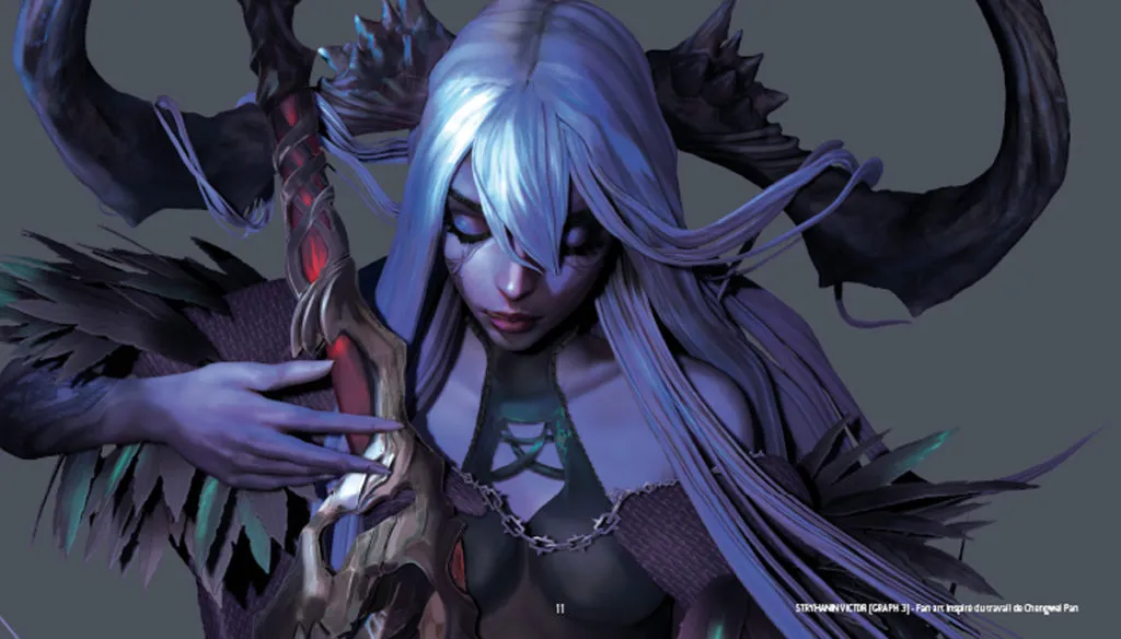 Stryhanin Victor Portrait d’une guerrière dark-fantasy aux longs cheveux argentés, yeux baissés, vastes cornes noires en arrière-plan et arme organique veinée de rouge — fan art 3D par Stryhanin Victor, inspiré du travail de Chongewei Pan.