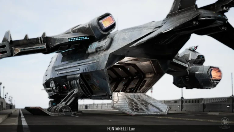 Vaisseau de débarquement sci-fi au sol, rampe ouverte et surfaces usées, rendu temps réel — 3D par Fontanelli Luc.