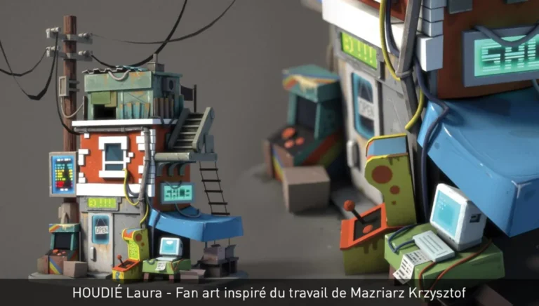 Diorama 3D stylisé d’une petite boutique rétro avec bornes d’arcade, câbles et ordinateur — fan art par Laura Houdié, inspiré de Krzysztof Mazriarz.