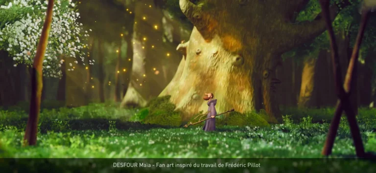 Personnage stylisé marchant dans une forêt lumineuse, particules dorées et grand arbre central — illustration 3D par Desfour Maïa.