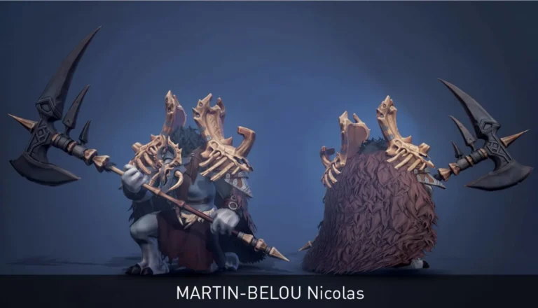 Créature guerrière stylisée armée d’une double hallebarde, vues face et dos — 3D par Martin-Belou Nicolas.