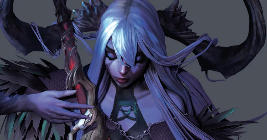 Stryhanin Victor 2 Portrait d’une guerrière dark-fantasy aux longs cheveux argentés, yeux baissés, vastes cornes noires en arrière-plan et arme organique veinée de rouge — fan art 3D par Stryhanin Victor, inspiré du travail de Chongewei Pan.