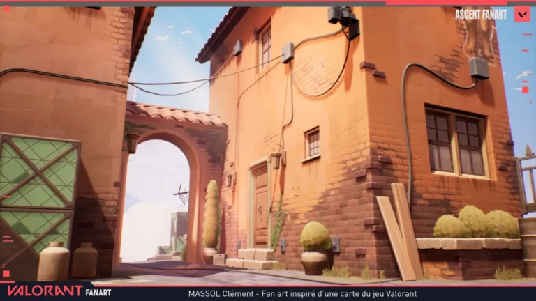Ruelle stylisée inspirée de la carte Ascent de Valorant : briques chaudes, arc et câbles — environment par Massol Clément.