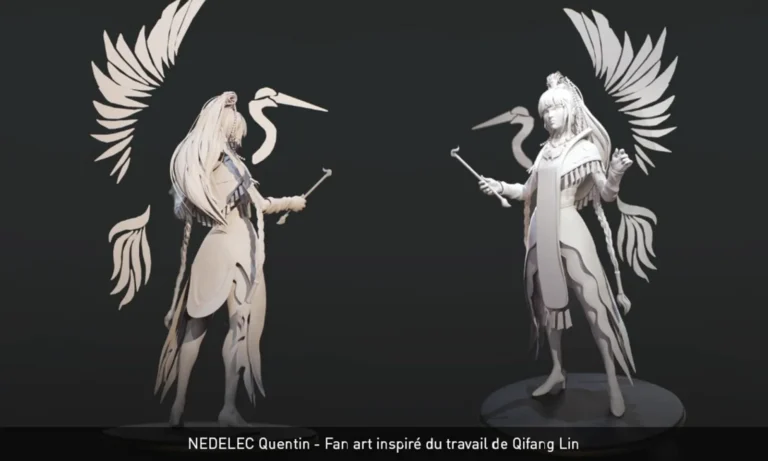 Personnage blanc épuré avec ailes graphiques en arrière-plan, double présentation — 3D par Nedelec Quentin.