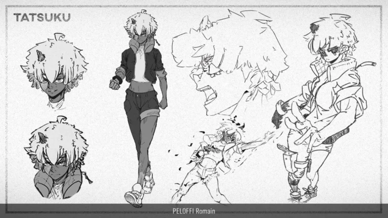 Feuille de personnage « Tatsuku » : expressions, poses et recherches noir et blanc — character design par Pelo ffi Romain.