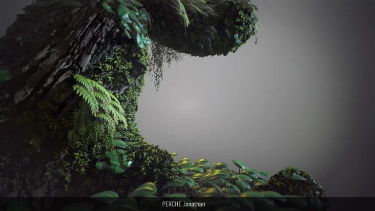 Gros plan de végétation 3D : mousses, fougères et écorces humides sur tronc — matériaux par Perche Jonathan.