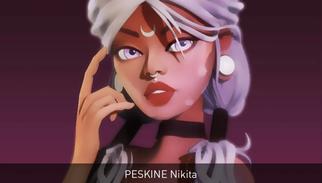Peskine Nikita 2 Portrait 3D stylisé d’une jeune femme au regard violet, fond dégradé pourpre — illustration par Peskine Nikita.