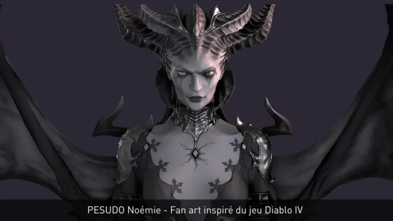 Buste de Lilith, reine démoniaque : cornes spiralées, ailes membraneuses et plastron métallique — fan art 3D par Pesudo Noémie (Diablo IV).