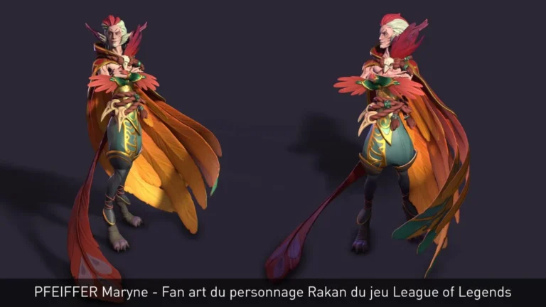 Personnage Rakan en fan art : tenue chamarrée, plumage multicolore et grande cape — sculpture 3D par Pfeiffer Maryne (League of Legends).