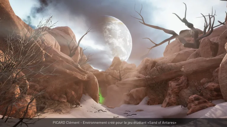 Canyon rocheux sous un ciel planétaire : falaises ocre, neige au sol et brume verte — environnement 3D par Picard Clément (jeu étudiant Sand of Antares).