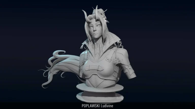 Buste féminin stylisé en clay render : cornes, col armoré et mèches flottantes — sculpture 3D par Poplawski Ludivine.