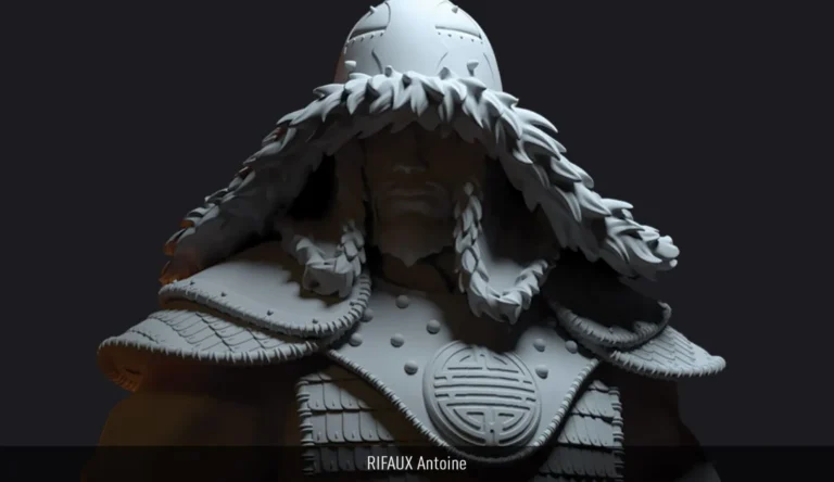 Buste d’un guerrier stylisé en clay render : capuche à fourrure, épaulières lamellaires et plastron orné — sculpture 3D par Rifaux Antoine.