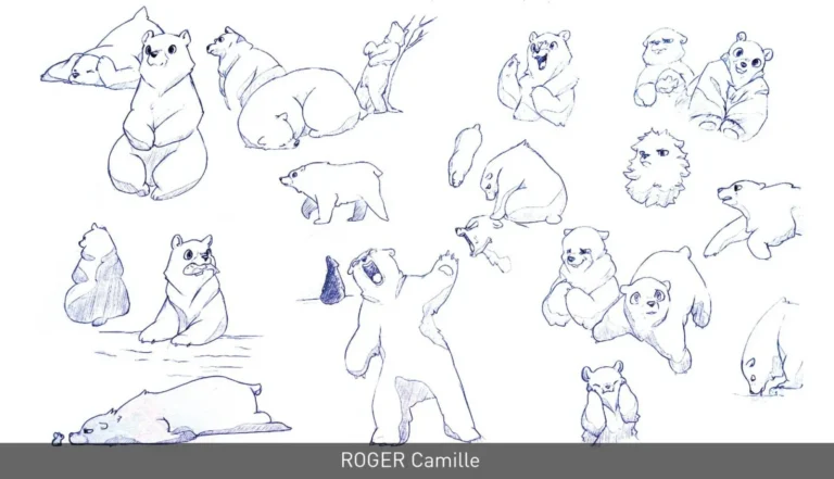 Feuille d’études d’ours au crayon bleu : poses variées, expressions cartoon et silhouettes stylisées — croquis par Roger Camille.