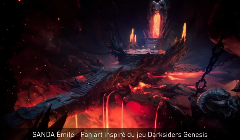 Sanctuaire infernal : ponts de pierre, lave incandescente et portails luminescents — environnement 3D par Sanda Émile (fan art Darksiders Genesis).