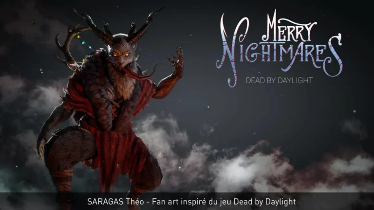 Créature hantée dans les nuages : silhouette cornue, fourrure et guirlandes lumineuses — fan art 3D par Saragas Théo (Dead by Daylight).