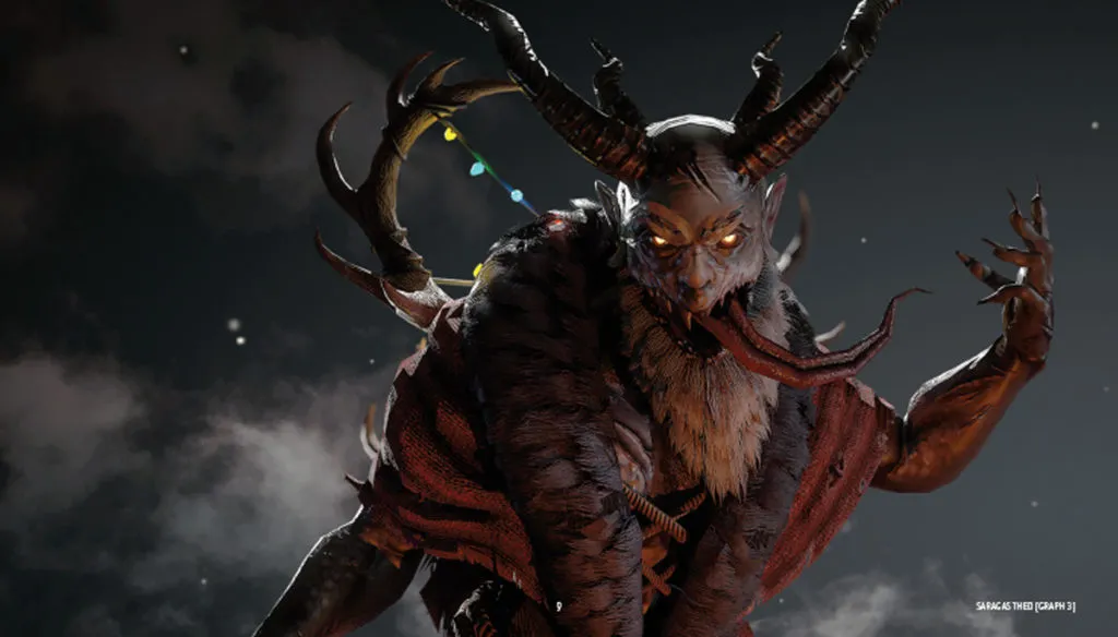 Theo Saragas 3 Créature hantée dans les nuages : silhouette cornue, fourrure et guirlandes lumineuses — fan art 3D par Saragas Théo (Dead by Daylight).