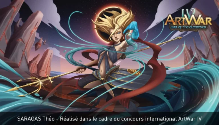 Guerrière élémentaire stylisée maniant un trident, rubans d’eau tourbillonnants devant une éclipse — illustration numérique par Saragas Théo.