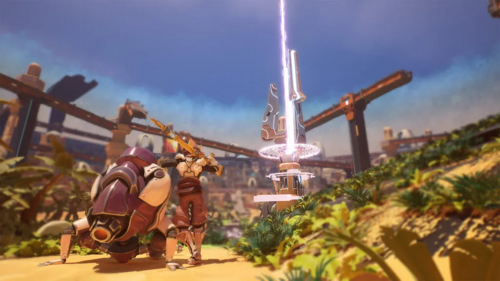 Splash Screen Scène SF stylisée dans un désert : personnage en armure et robot quadrupède face à un pylône d’énergie qui émet un rayon vertical — rendu 3D temps réel.