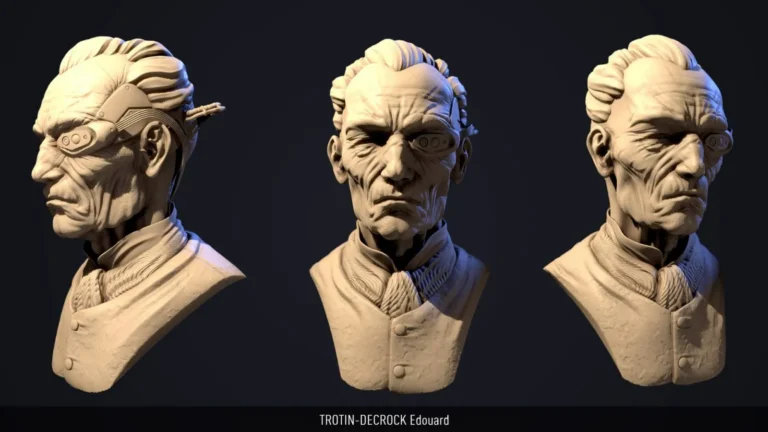 Buste d’homme âgé au look victorien avec implant oculaire cybernétique — triptyque en clay render — sculpture 3D par Trotin-Decrock Edouard.