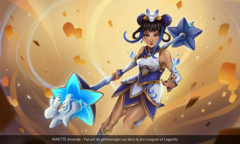 Fan art de Lux (League of Legends) en pose dynamique, bâton étoilé et robe bleue — illustration par Varette Amanda.