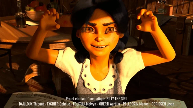 Plan de la cinématique Billy the Girl : jeune héroïne en intérieur bois, expression joyeuse et éclairage chaud — projet d’équipe Creajeux.