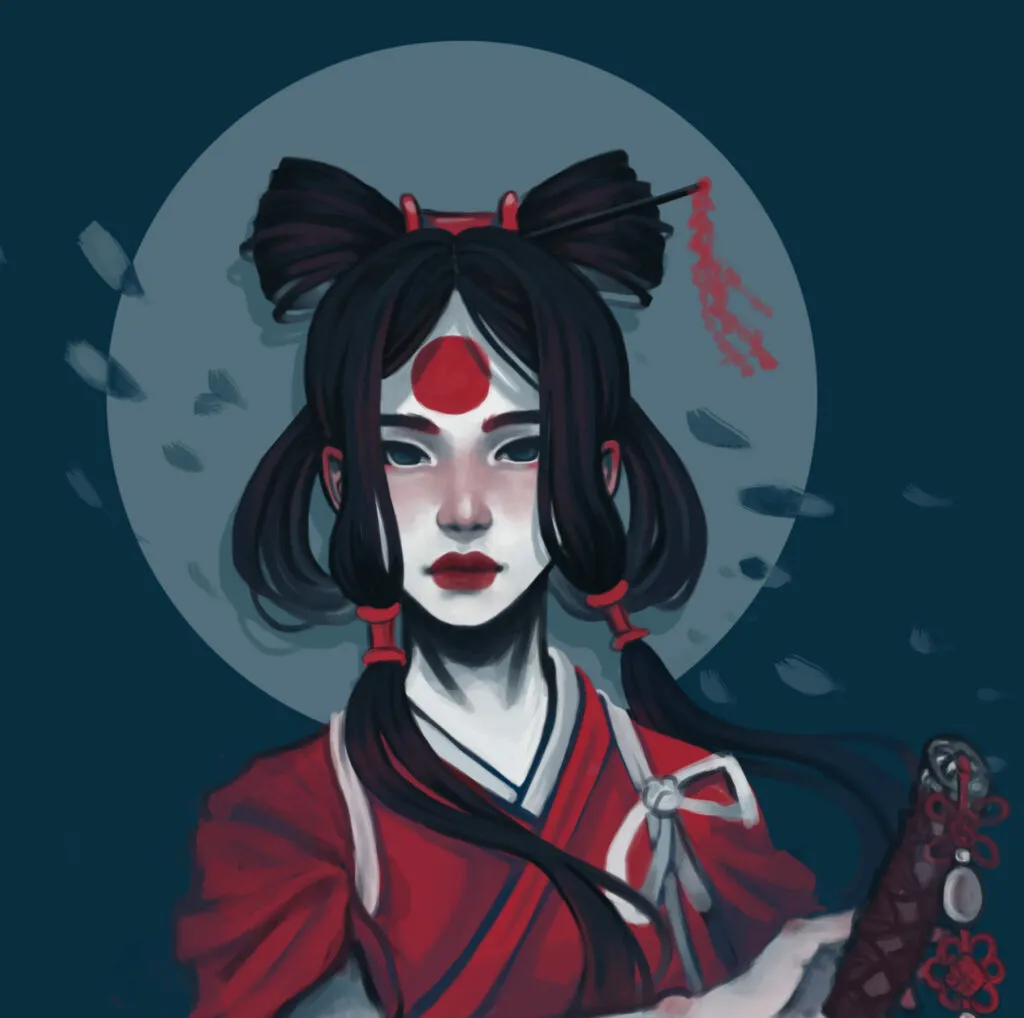 Laura Morisset Portrait stylisé d’une jeune femme en kimono rouge, cercle rouge sur le front, coiffure en macarons, fond “lune” bleutée et pétales en suspension — illustration digitale par Laura Morisset.