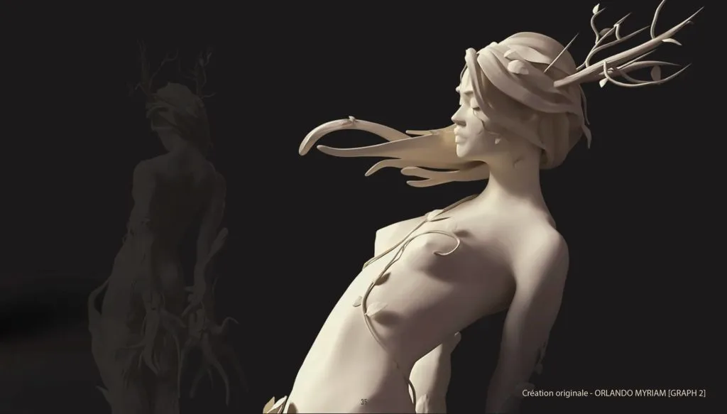 Myriam Orlando Sculpture 3D en “clay render” d’une figure féminine stylisée, profil droit, cheveux au vent et bois/rameaux dans la chevelure — création originale de Myriam Orlando.