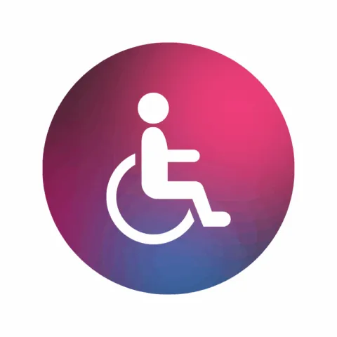 Accessibilité handicap Icône d'accessibilité pour les personnes en situation de handicap, avec un pictogramme fauteuil roulant sur fond dégradé.