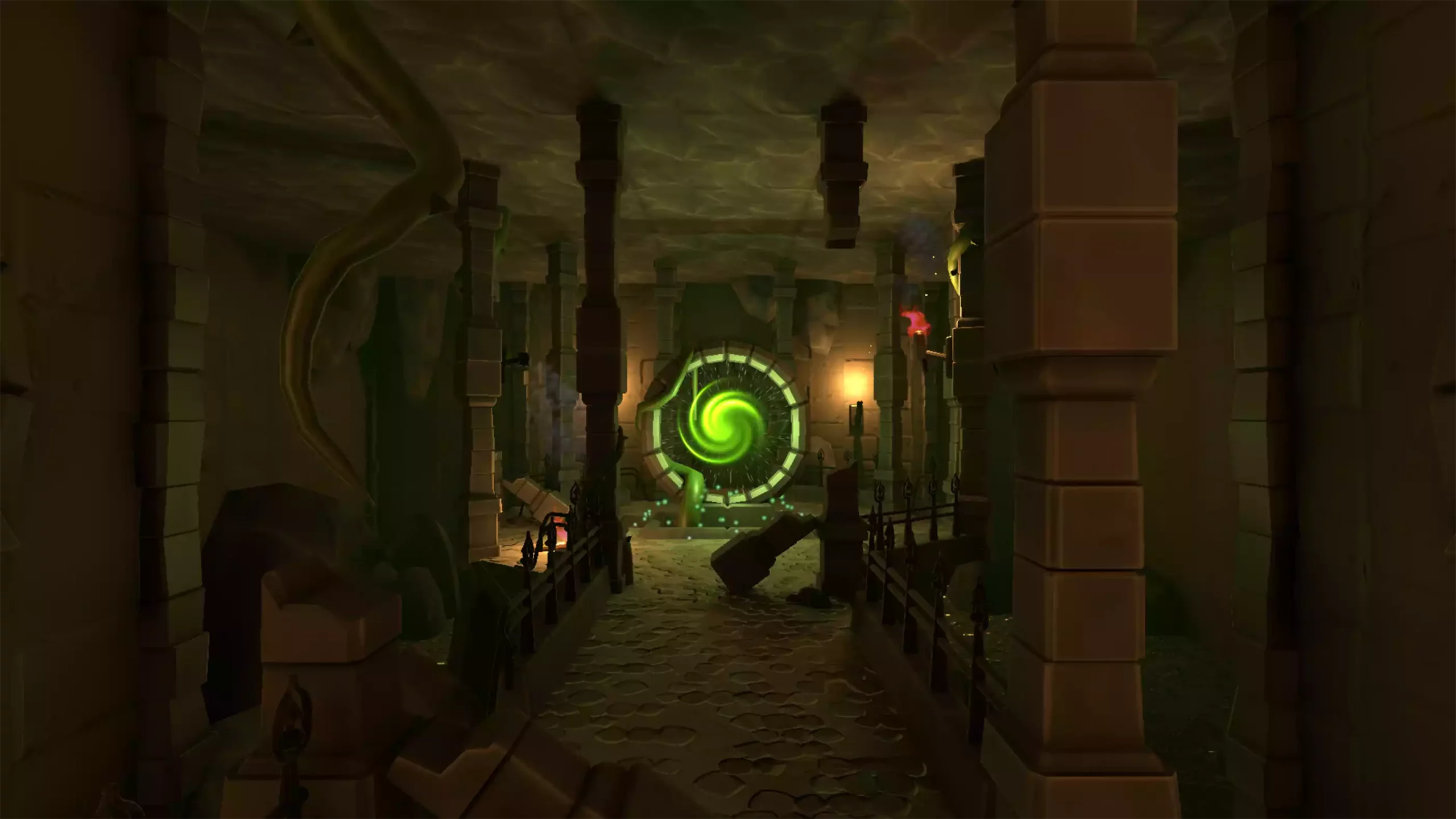 Rendu 3D de l'intérieur d'un temple. Un portail magique vert trône au milieu de la pièce.