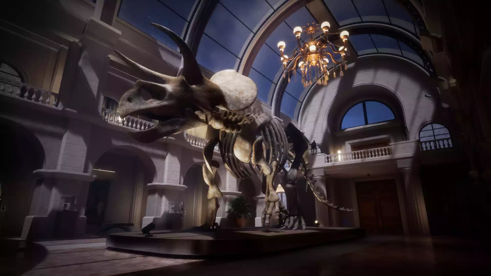 Rendu 3D d'un squelette de dinosaure dans un musée