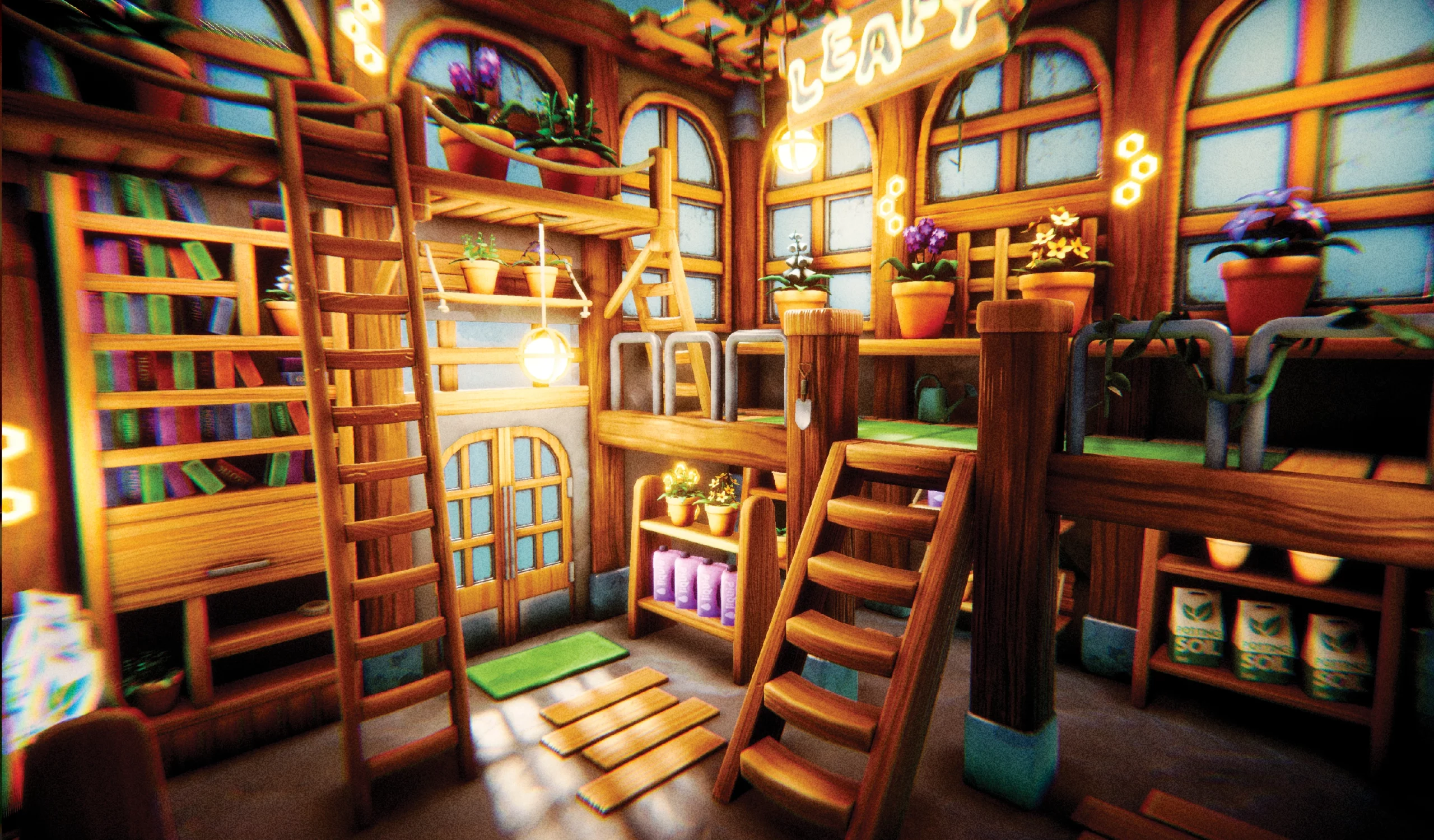 Rendu 3D d'une petit magasin de fleurs cozy avec des couleurs chaudes