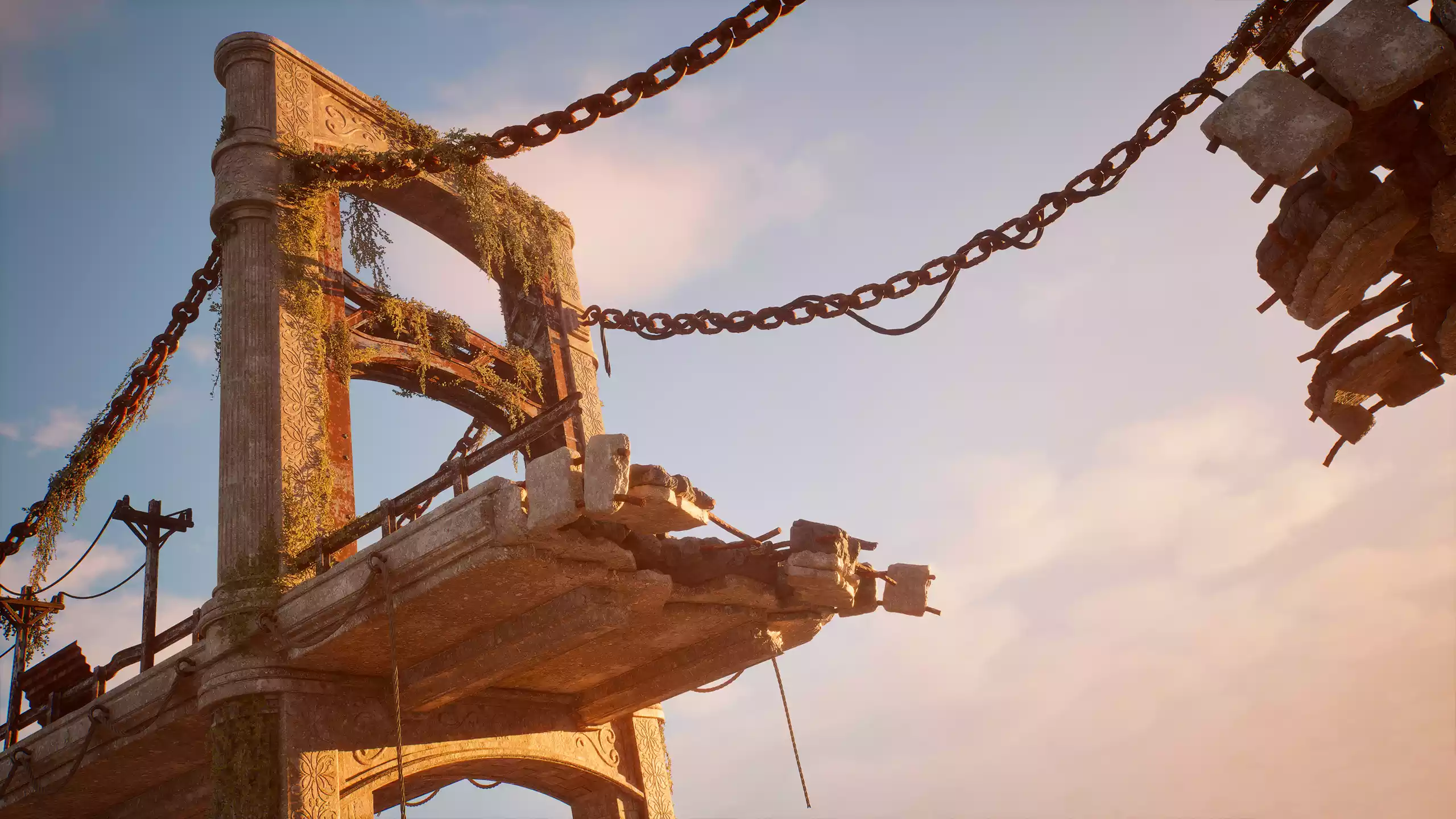 Rendu 3D réaliste d'un pont suspendu en ruines
