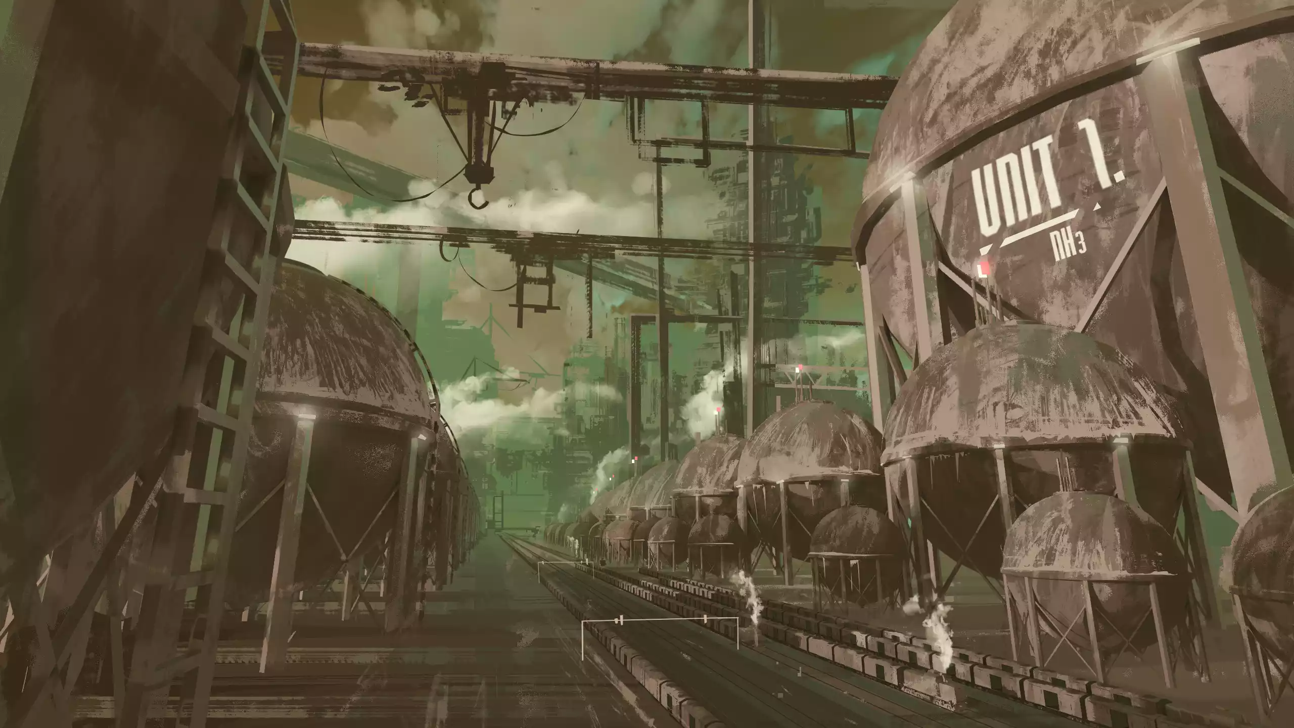 Dessin de plusieurs structures de confinement de liquides sphérique dans un monde terne tout en nuances de vert et brun