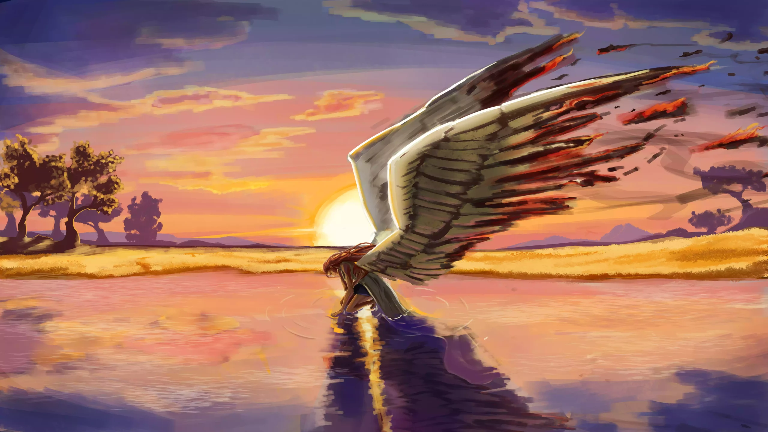 Dessin d'un ange dans une petite marre au coucher de soleil