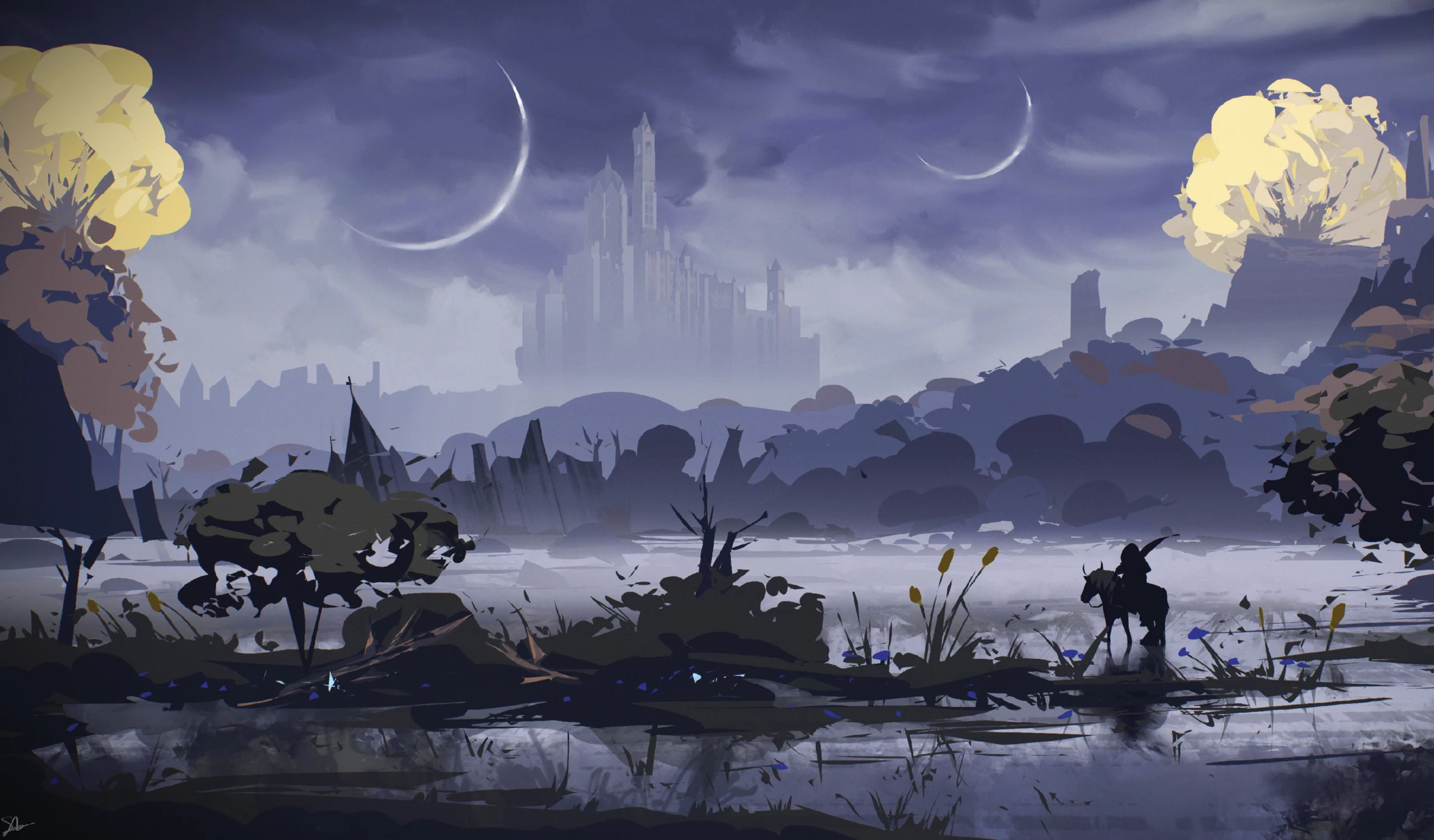 Dessin d'un paysage de nuit avec uncavalier au premier plan